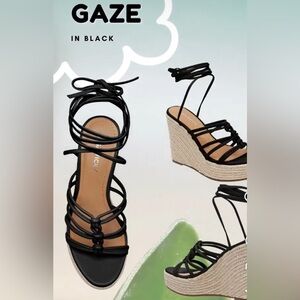 NWT Lisa Vicky Gaze Platform Lace Up Wedge Espadrille in Black Leather - Sz 9.5